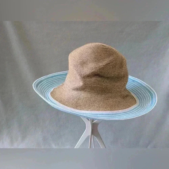 ERIC JAVITS Hampton Sun Hat Squishee Straw Packable Wide Brim Natural Gold Blue - Picture 4 of 12